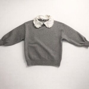 In The Beginning Grey Peter Pan Collar Ruffle Knit Sweater Womens Medium Cozy